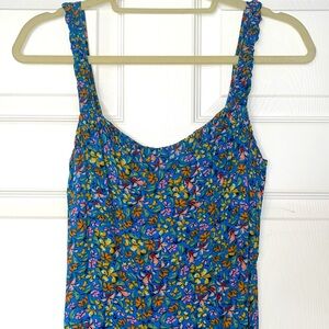 Zara Sleeveless Blue Multi Color Floral Midi Maxi Dress Back Zip Front Slit XS